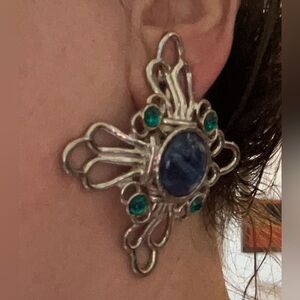 Amazing Extra Large Vintage Silvertone Ornate Clip Earrings With Colored Accents